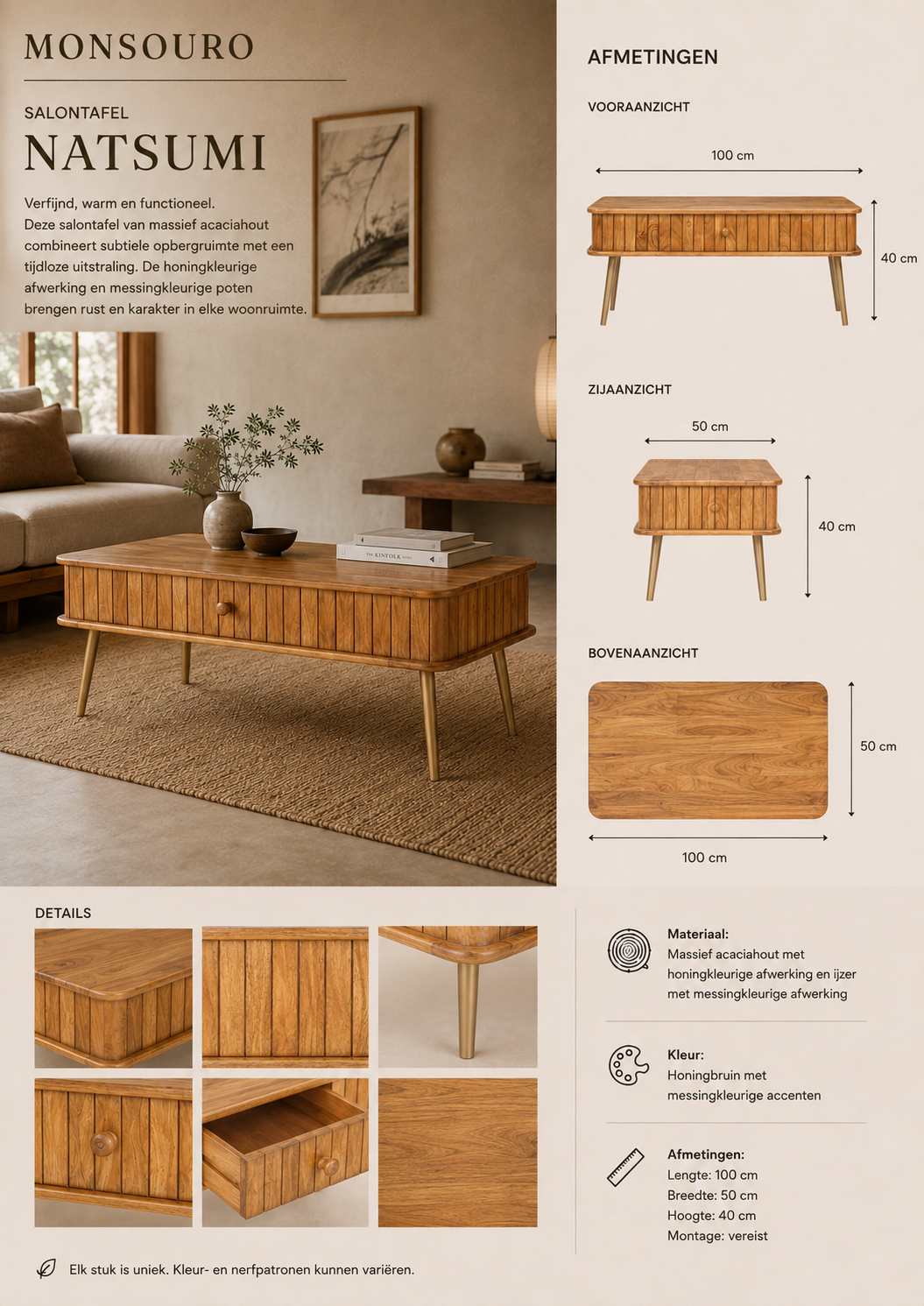Natsumi Salontafel | Acaciahout & Messingkleurig IJzer