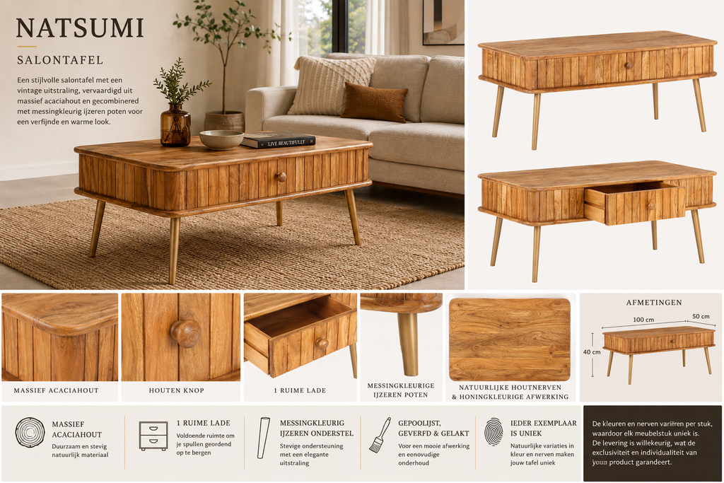 Natsumi Salontafel | Acaciahout & Messingkleurig IJzer