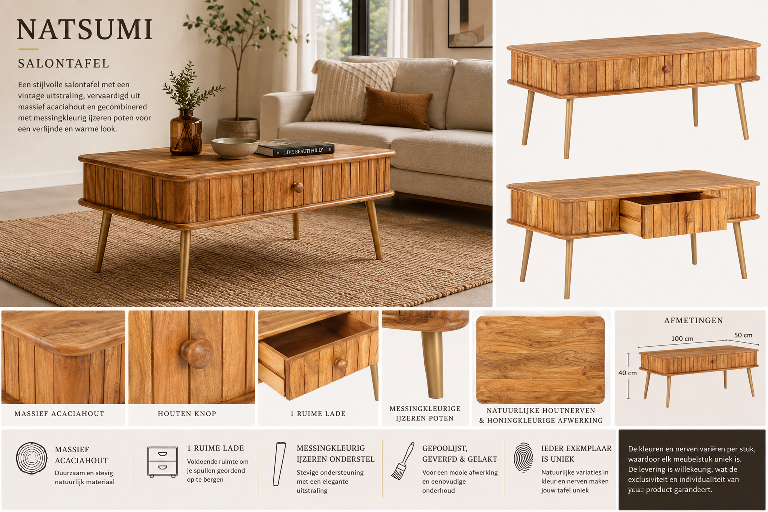 Natsumi Salontafel | Acaciahout & Messingkleurig IJzer