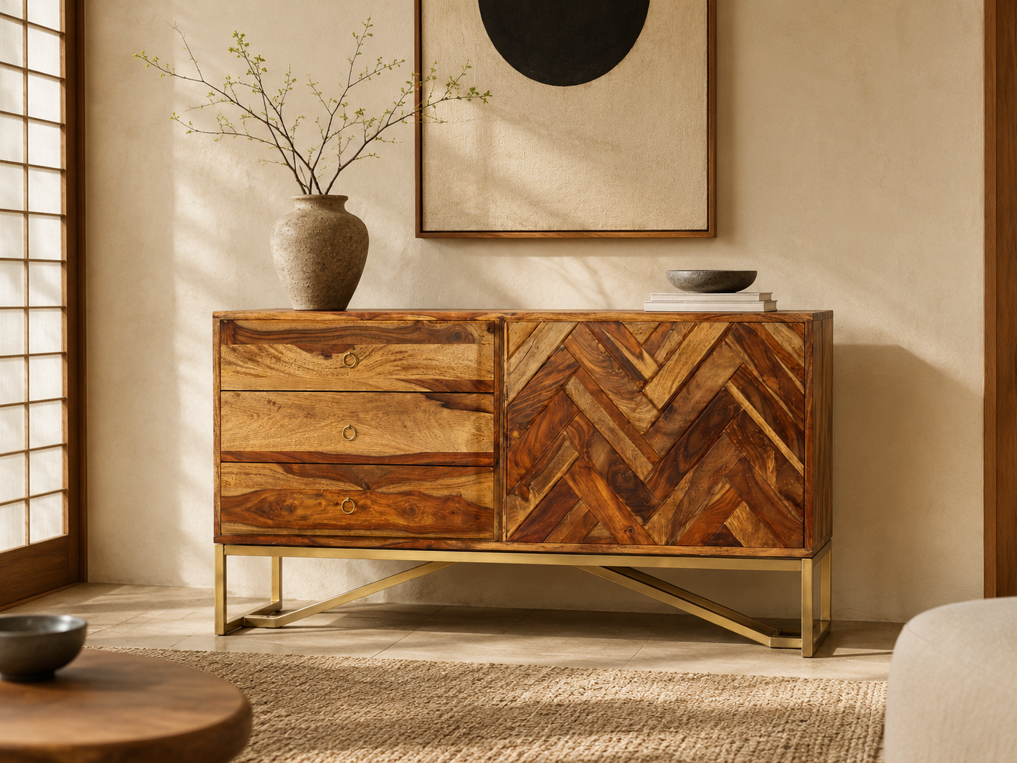 Kenji Dressoir | Acaciahout & Messingkleurig IJzer