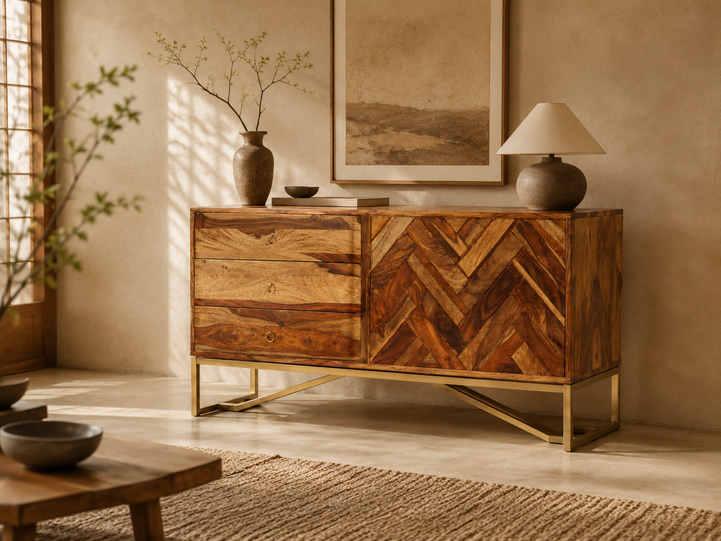 Kenji Dressoir | Acaciahout & Messingkleurig IJzer