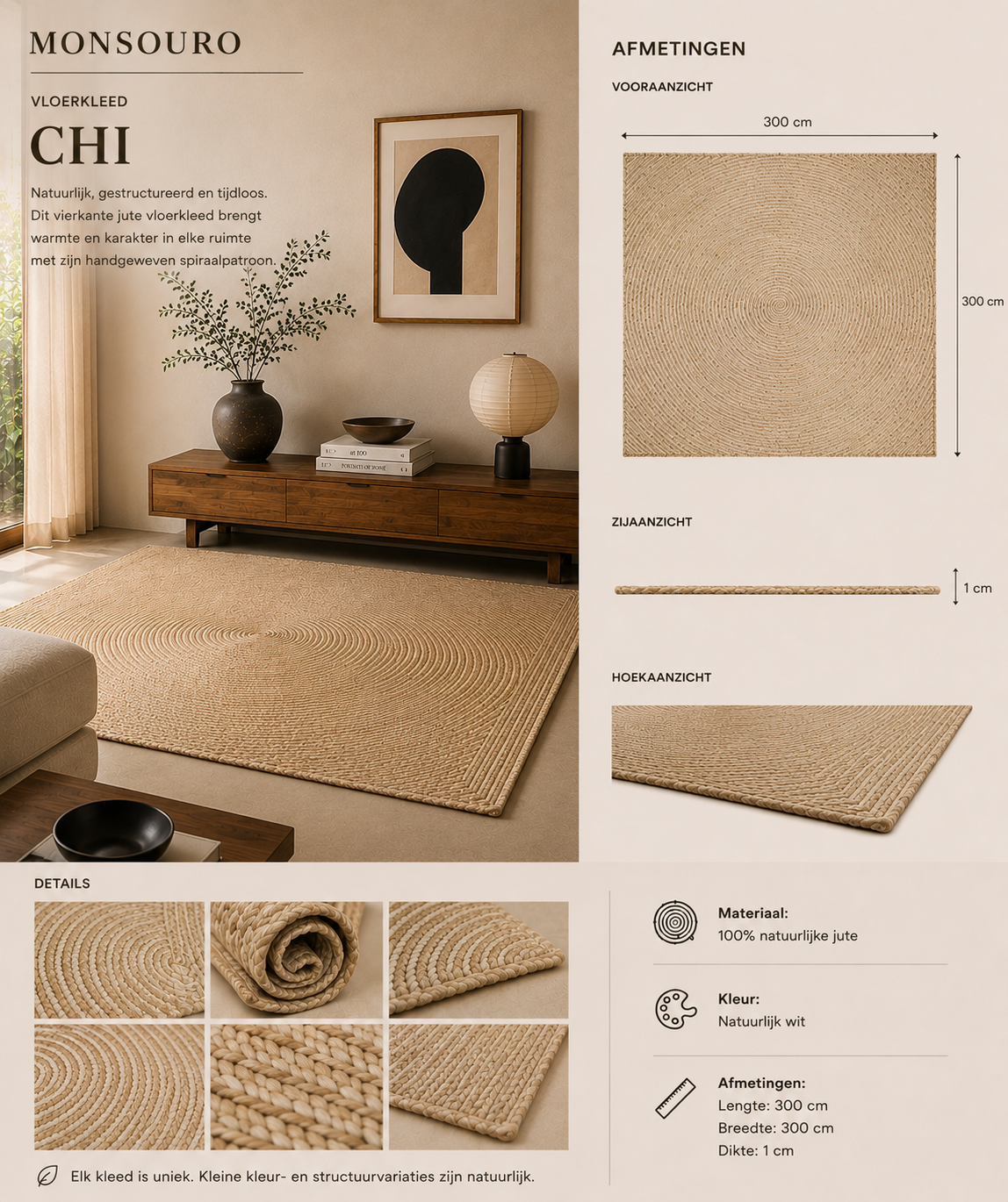 Chi Vloerkleed | Natuurlijke Jute – 160 × 230 cm